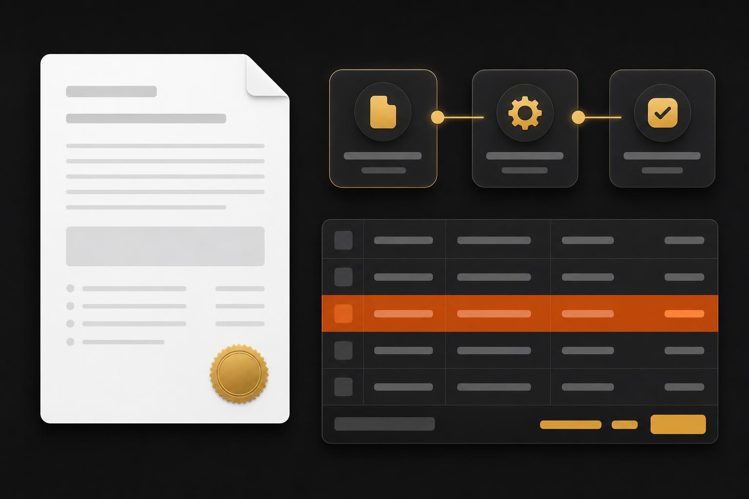 Branded quotation PDF next to a three-step automation workflow and line-item table.